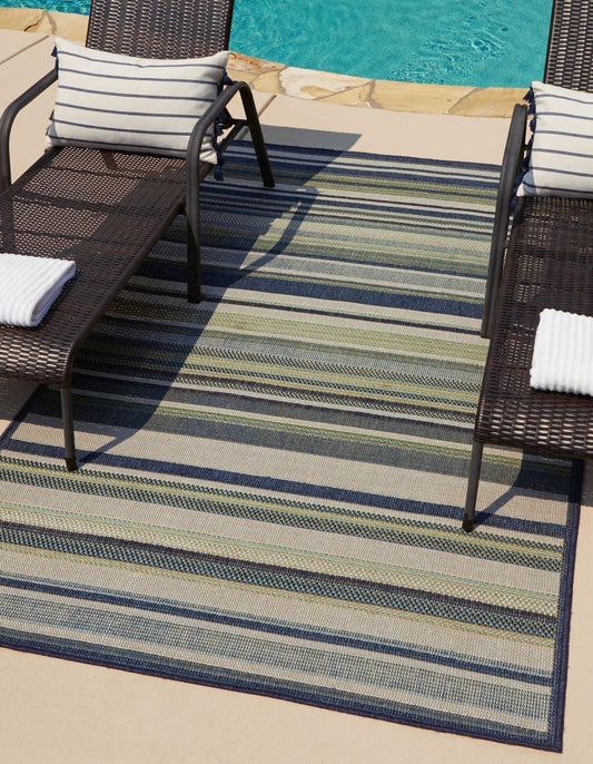 Unique Loom Coronado Baja Outdoor 9 x 12 (ft) Loomed Blue Rectangular Indoor/Outdoor Stripe Coastal Pet Friendly Area rug