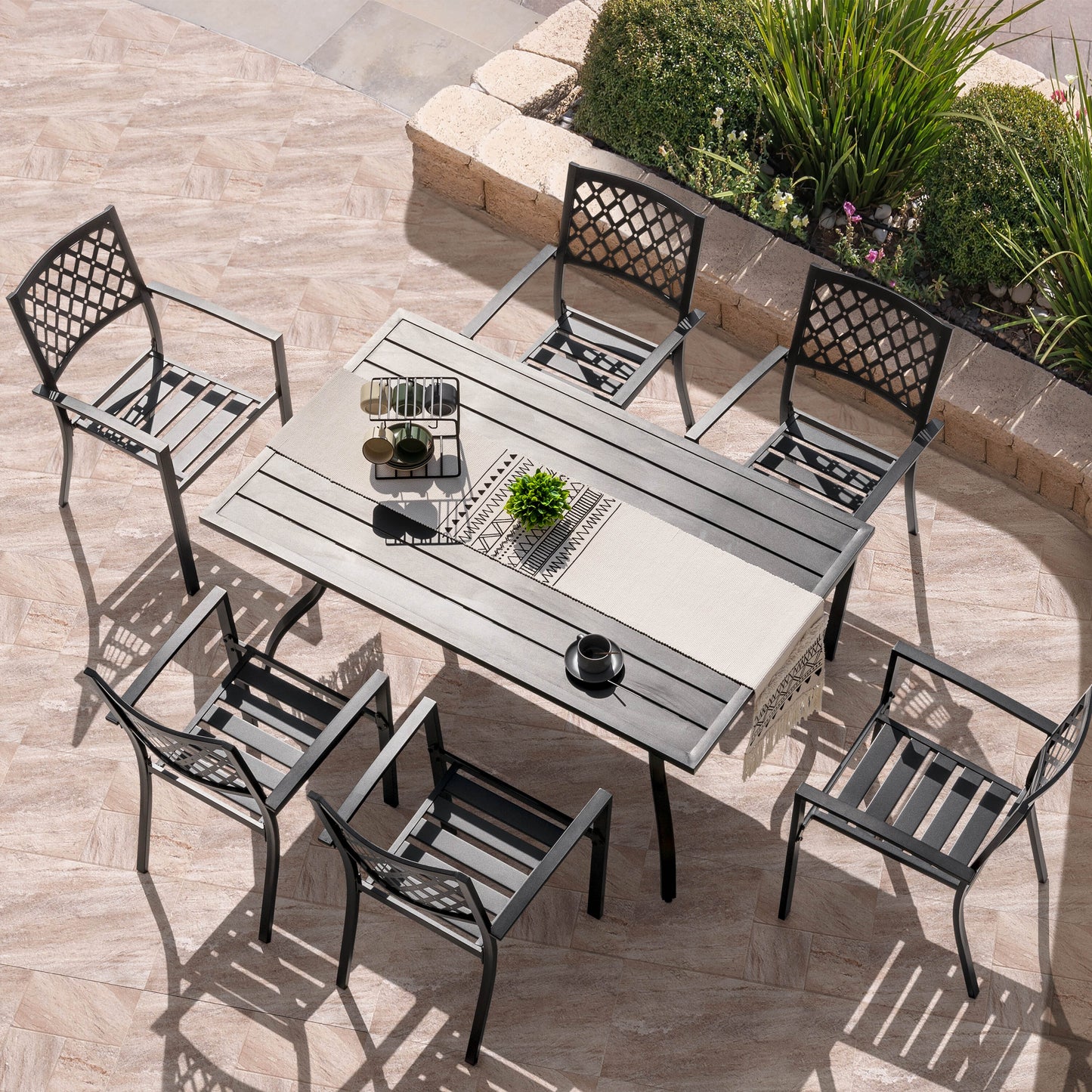 Nuu Garden 7 -Piece Black Patio Dining Set Iron Rectangle Table with 6 Stackable Stationary Chairs