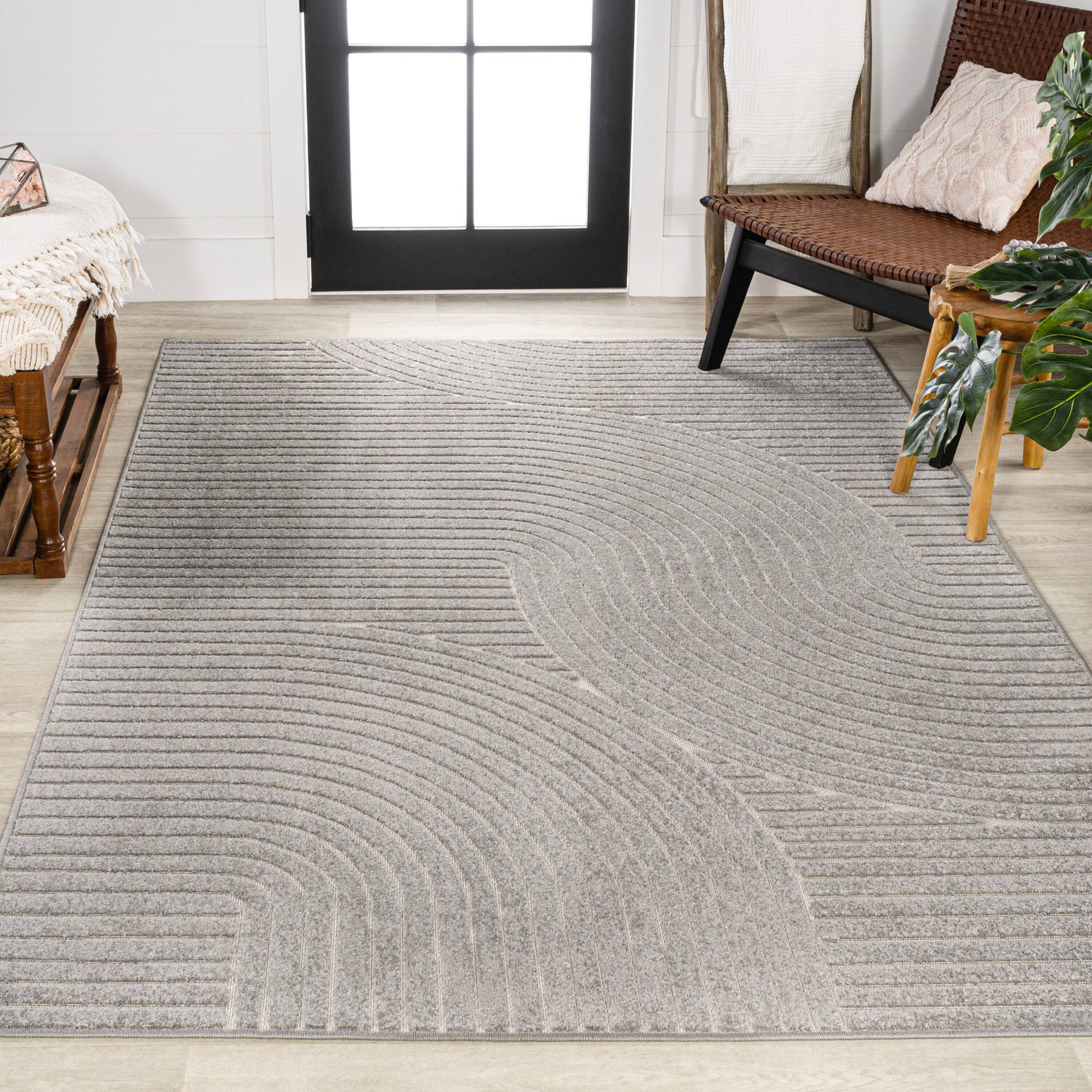JONATHAN  Y SCANDINAVIAN Hallie High-Low Minimalist Curve 10 x 13 (ft) Loomed Gray/Ivory Rectangular Indoor/Outdoor Geometric Mid-Century Modern Pet Friendly Area rug