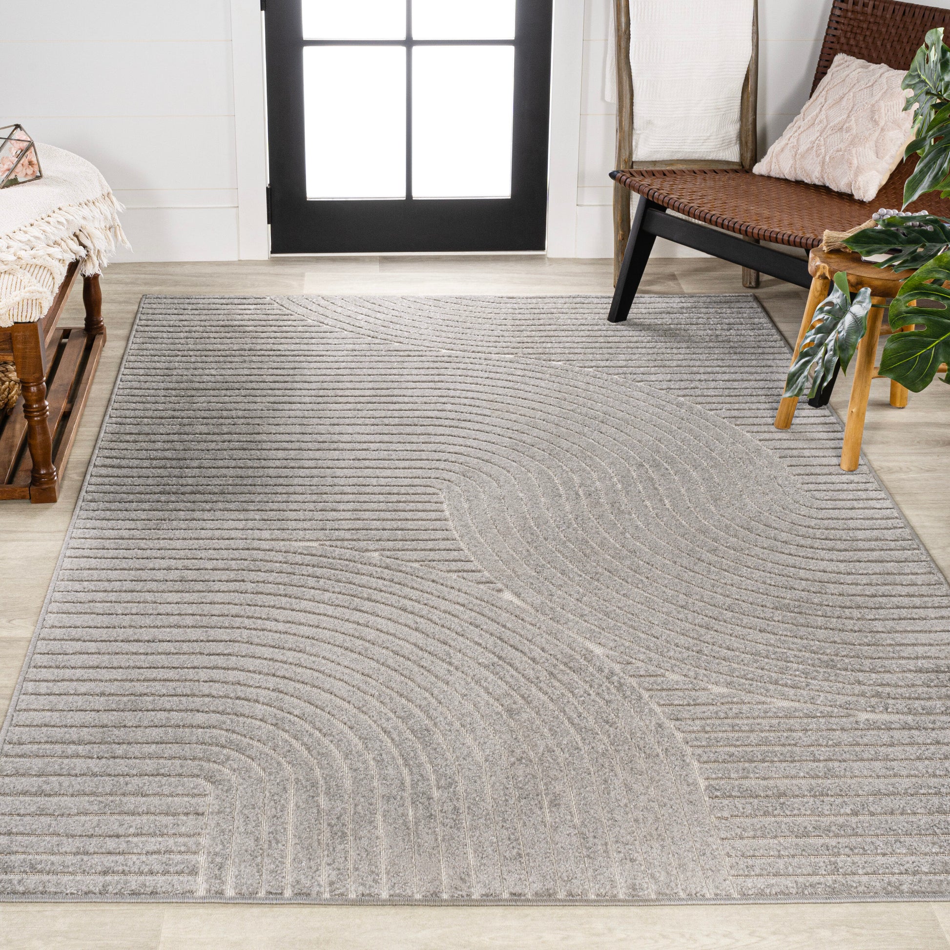 JONATHAN  Y SCANDINAVIAN Hallie High-Low Minimalist Curve 10 x 13 (ft) Loomed Gray/Ivory Rectangular Indoor/Outdoor Geometric Mid-Century Modern Pet Friendly Area rug