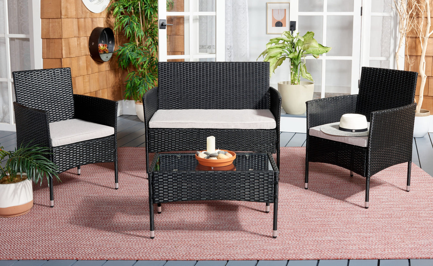 Safavieh Patio 4 -Piece Wicker Patio Conversation Set with Gray Cushions