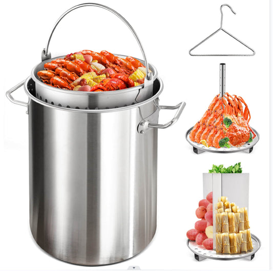 ARC Advanced Royal Champion Stainless Steel Grill Pan with Multi-Function Design - Crawfish Boil Pot with Strainer Basket, Lift Hook, Steamer Insert Rack, and Divider AFH-AI032