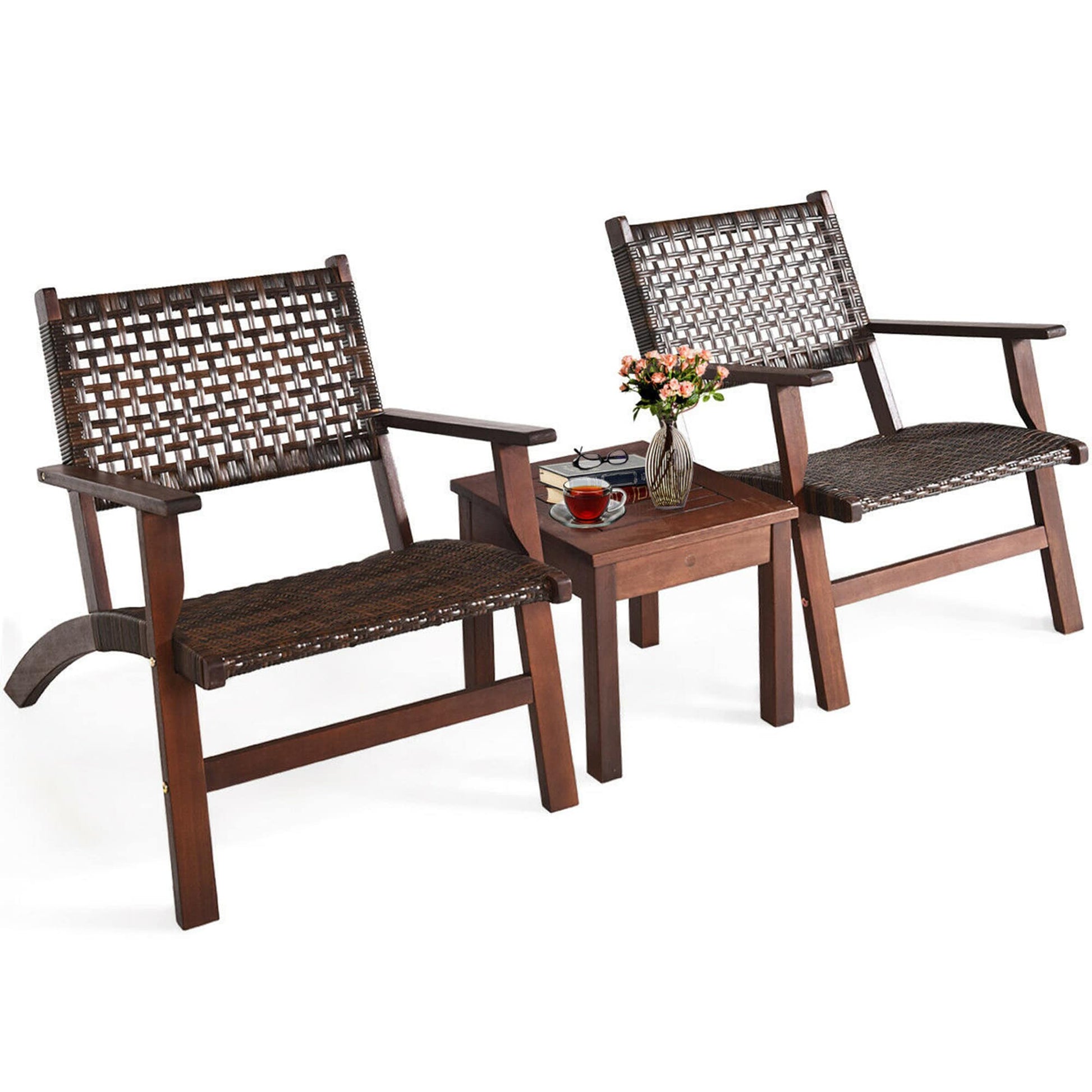 Clihome Patio Conversation Set 3 -Piece Brown Rattan Bistro Patio Dining Set Wood Square Table with 2 Stationary Chairs