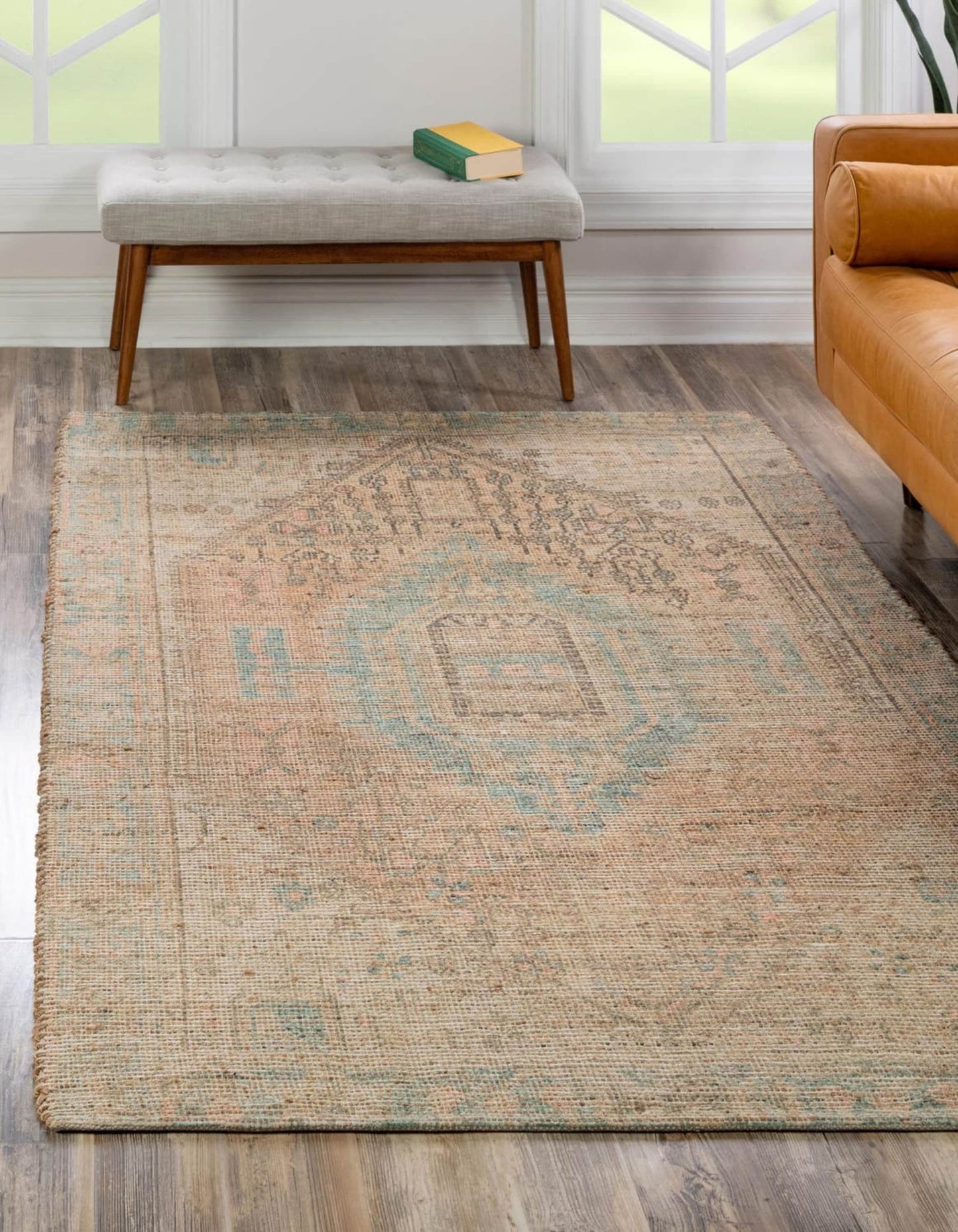 Unique Loom Chenille Jute 9 x 12 (ft) Braided Jute Khaki and Ivory Rectangular Indoor Medallion Area rug