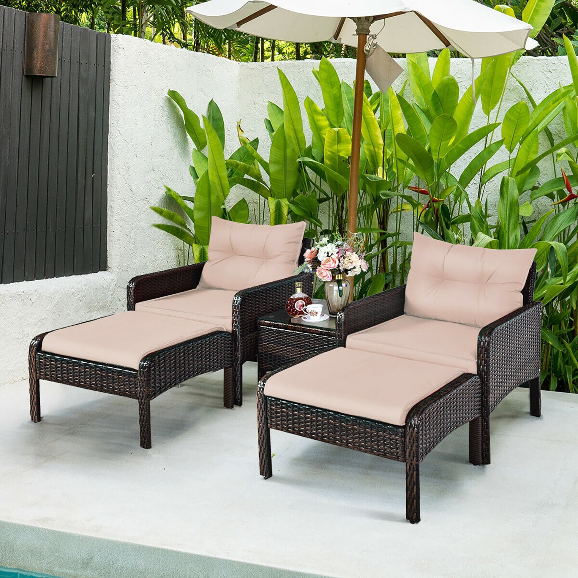 BABOOM Outdoor Furniture Set 5 -Piece Rattan Patio Conversation Set with Off-white Cushions
