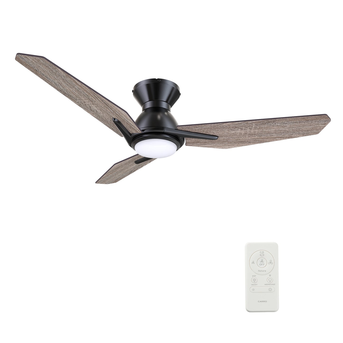 CARRO USA Tilbury 48-in Black with Wooden Blades Indoor/Outdoor Flush Mount Smart Ceiling Fan with Light and Remote (3-Blade) LS483J3-L11-BS-1-FM