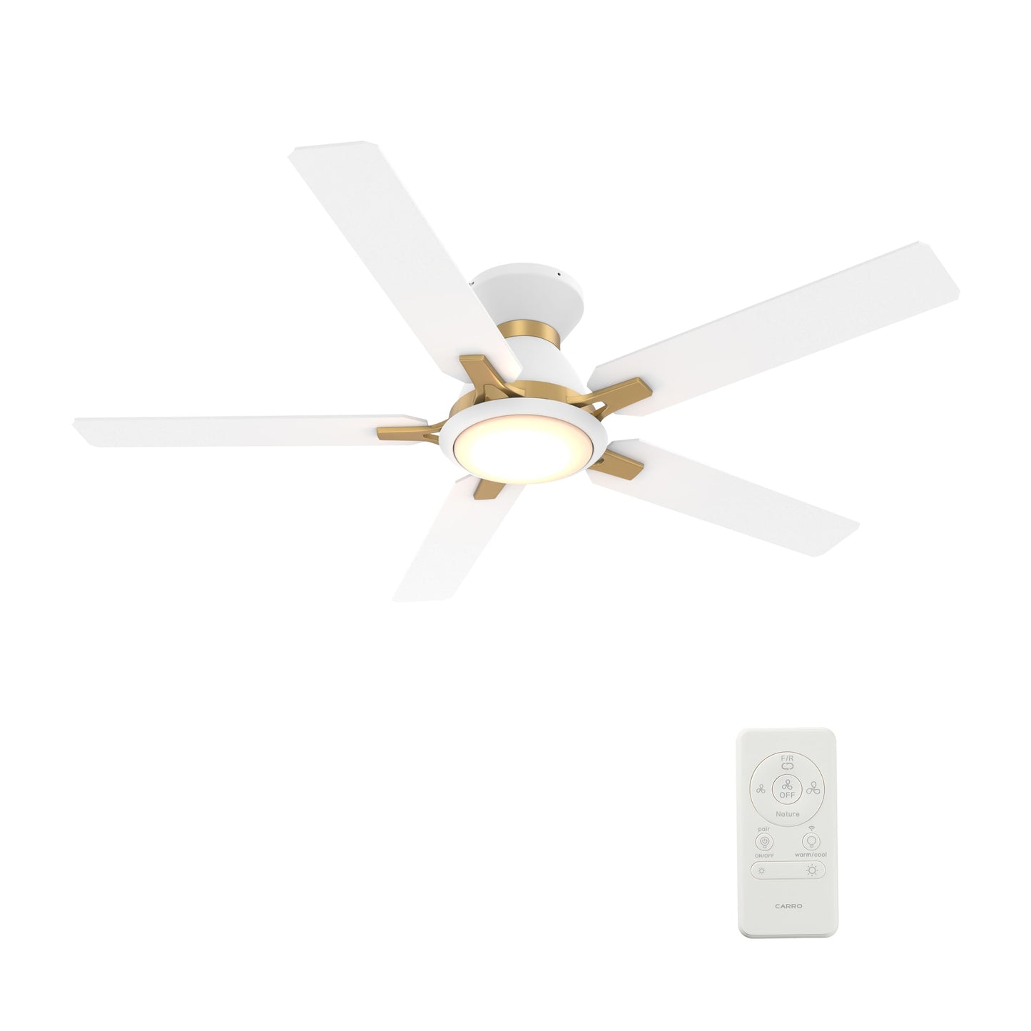 CARRO USA Essex 52-in White Indoor/Outdoor Flush Mount Smart Ceiling Fan with Light and Remote (5-Blade) LS525J-L12-W1-1G-FM