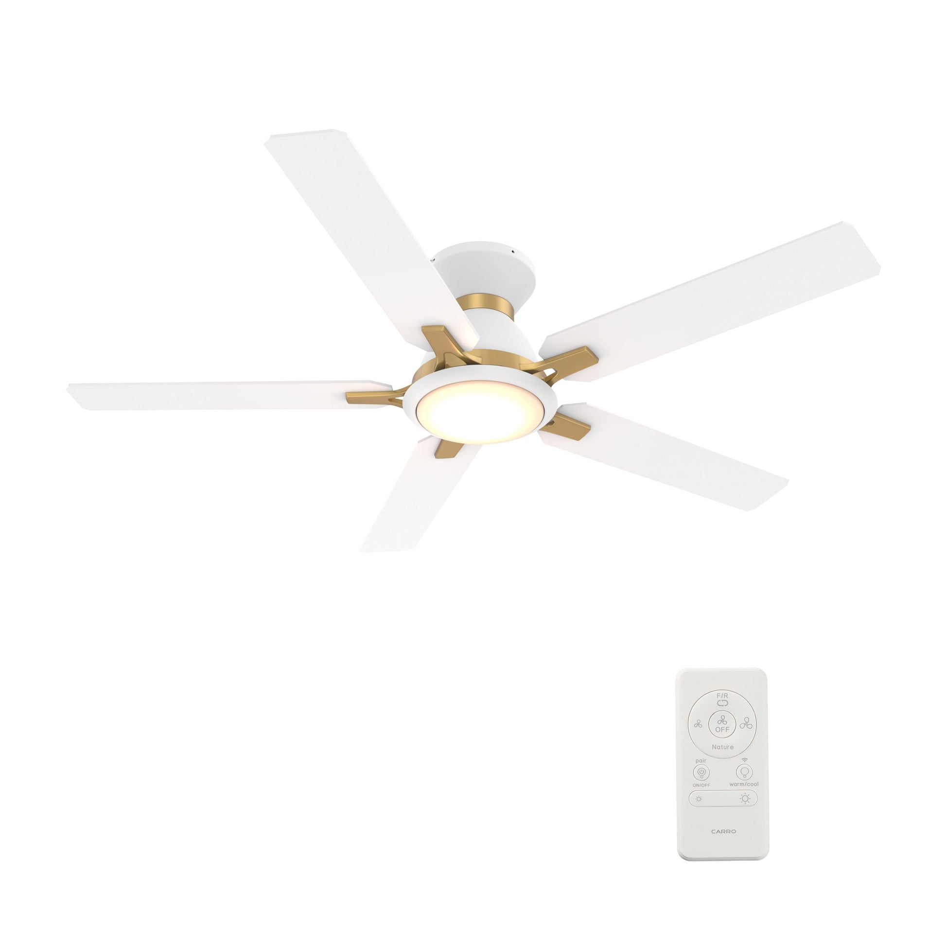 CARRO USA Essex 52-in White Indoor/Outdoor Flush Mount Smart Ceiling Fan with Light and Remote (5-Blade) LS525J-L12-W1-1G-FM