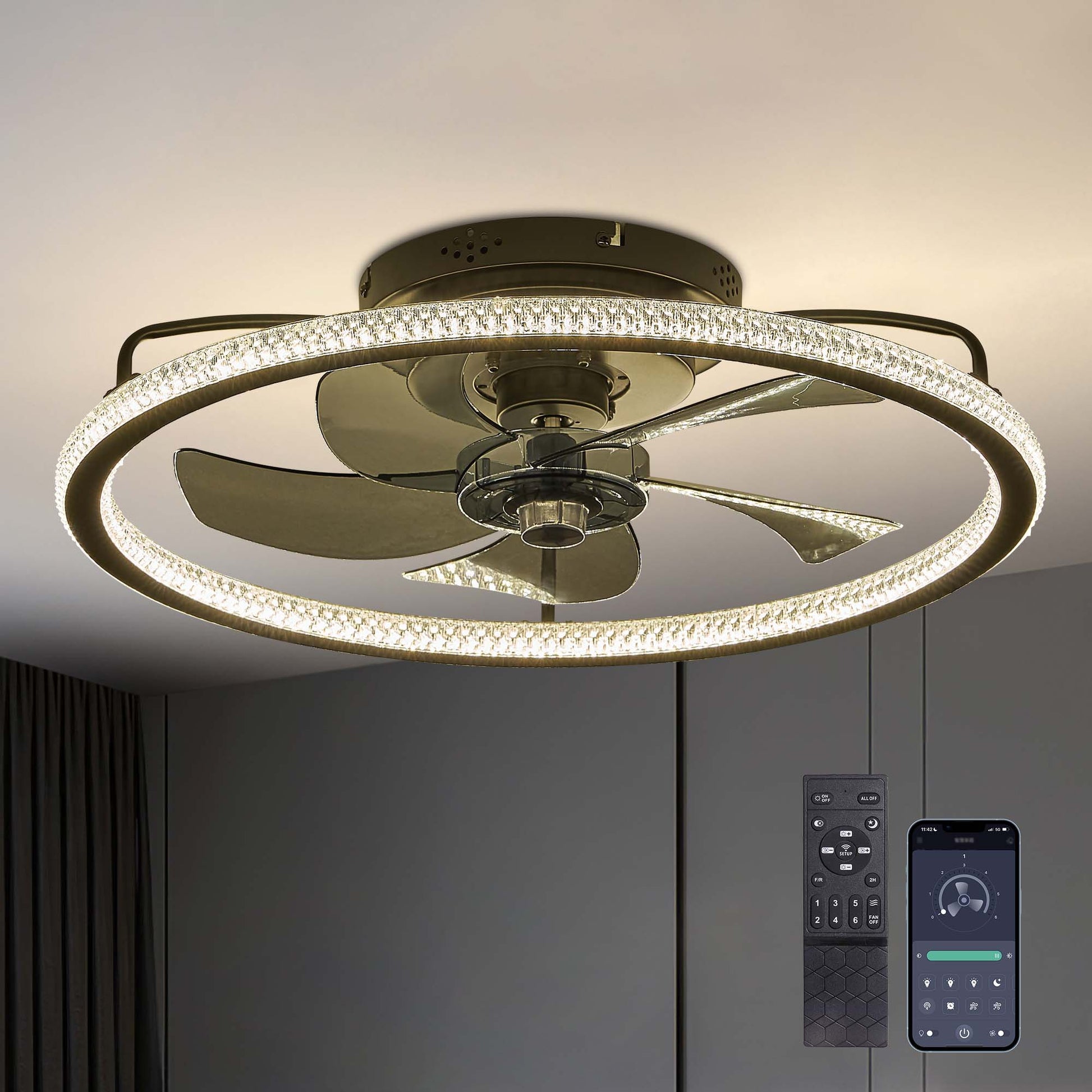 Antoine Modern Low Profile Bedroom 20-in Black Farmhouse Smart LED with Pc Blades Color-changing Integrated LED Indoor Flush Mount Smart Ceiling Fan with Light and Remote (5-Blade) DCLW051