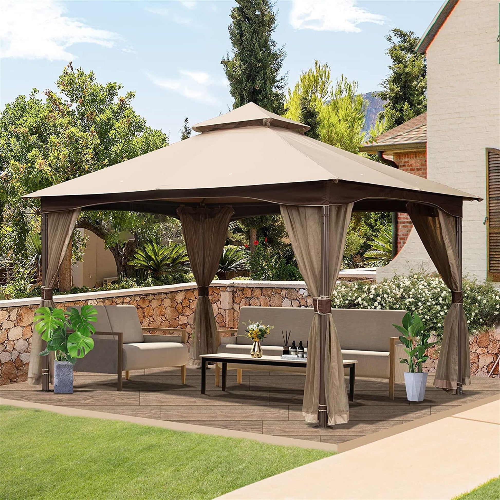 Bayfeve 13-ft x 10-ft Metal Frame Double Roof Soft Top Patio Gazebo Brown Gazebo with Soft Top Roof (Screen Included)