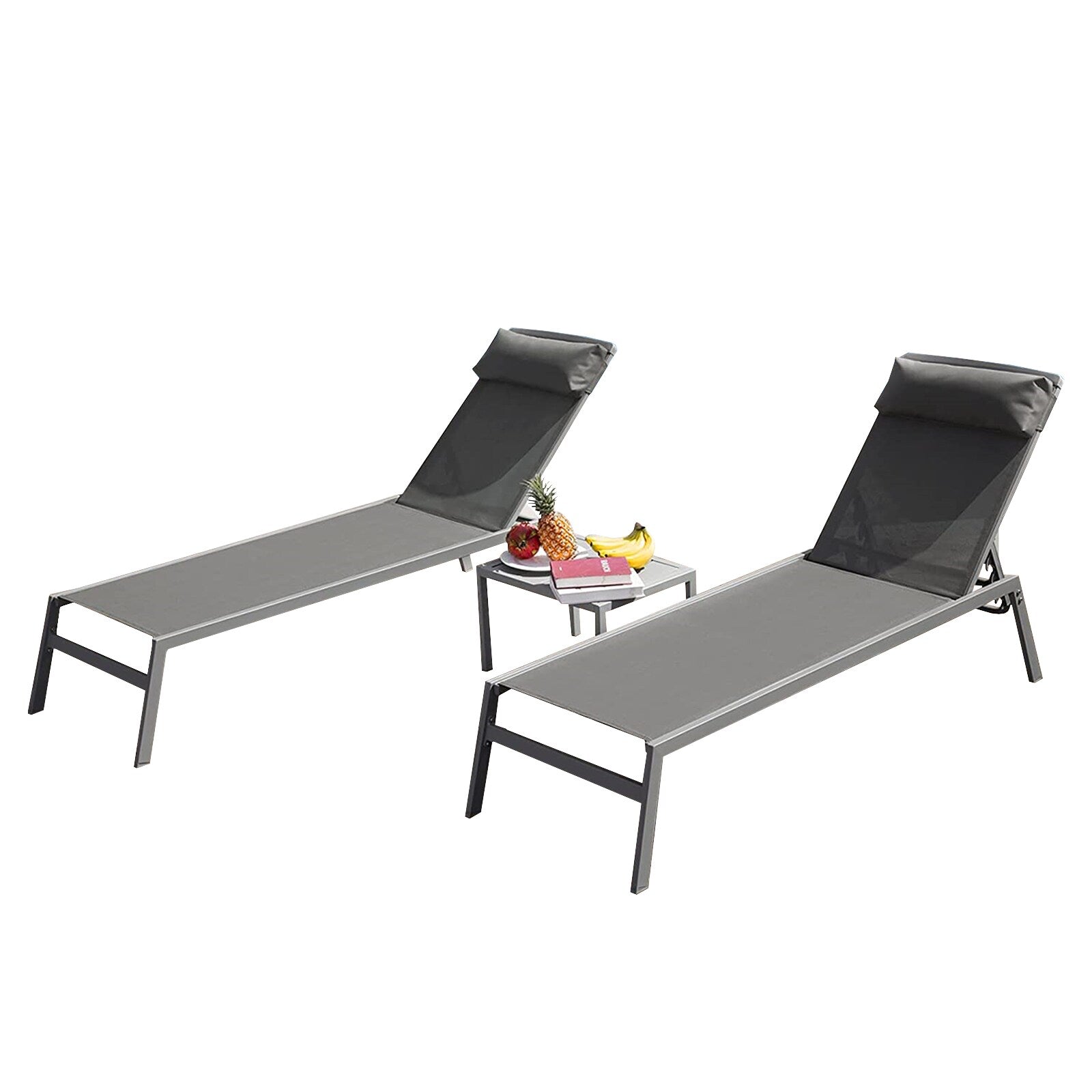 Flynama Set of 2 Stackable Gray Aluminum Frame Stationary Chaise lounge Chair with Gray Sling Seat