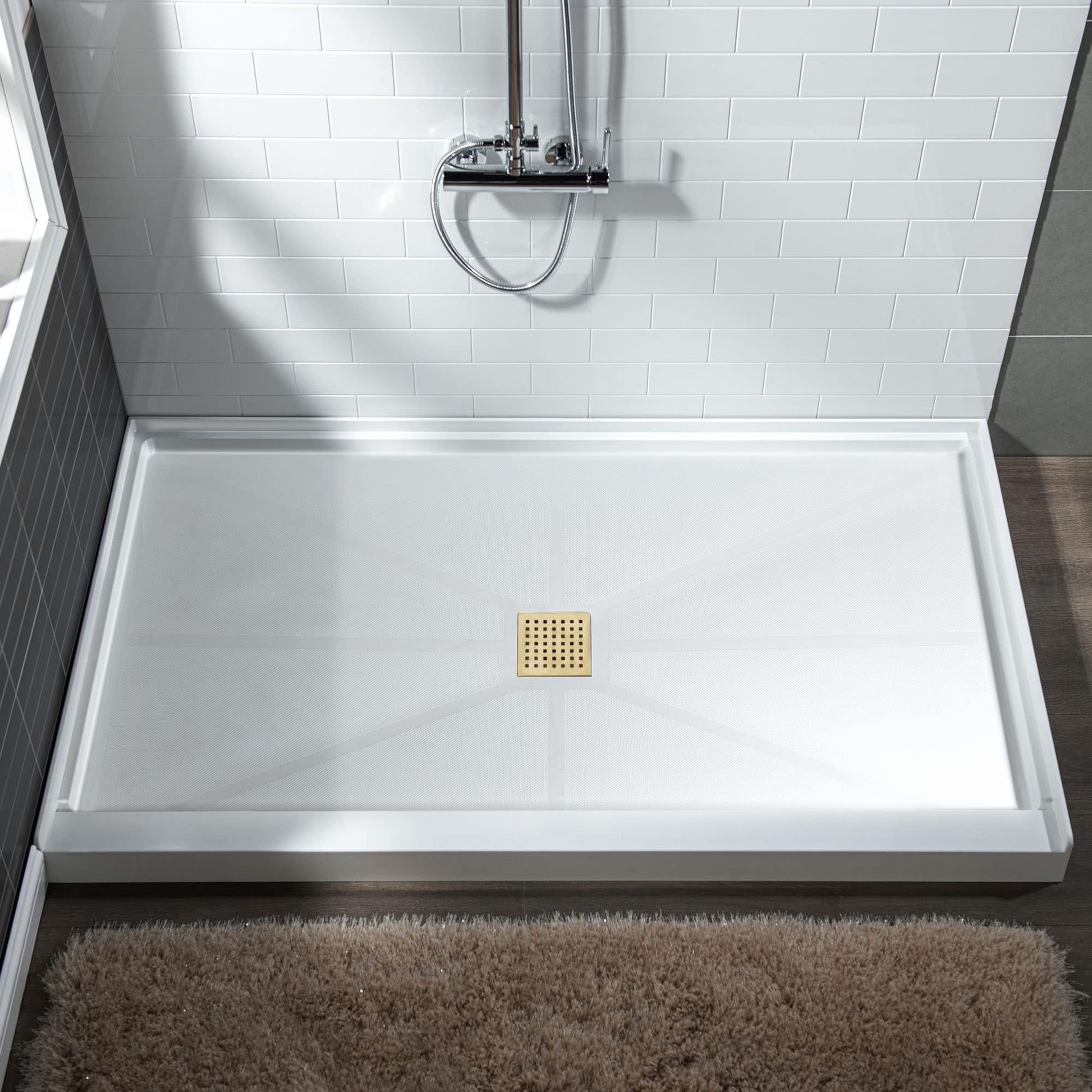 Woodbridge 32-in W x 48-in L Center White with Brushed Gold Cover Single Threshold Rectangle Shower Pan Base with 2-in H Threshold