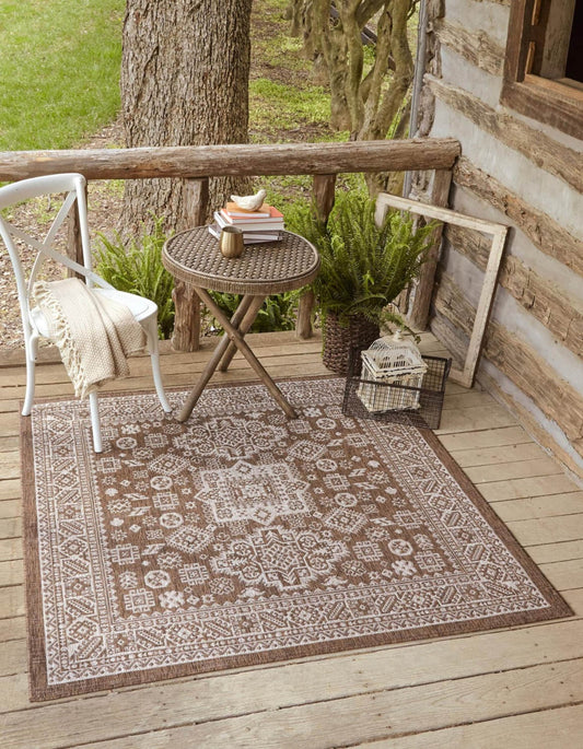 Unique Loom Outdoor Aztec 13 x 13 (ft) Loomed Brown Square Indoor/Outdoor Border Area rug