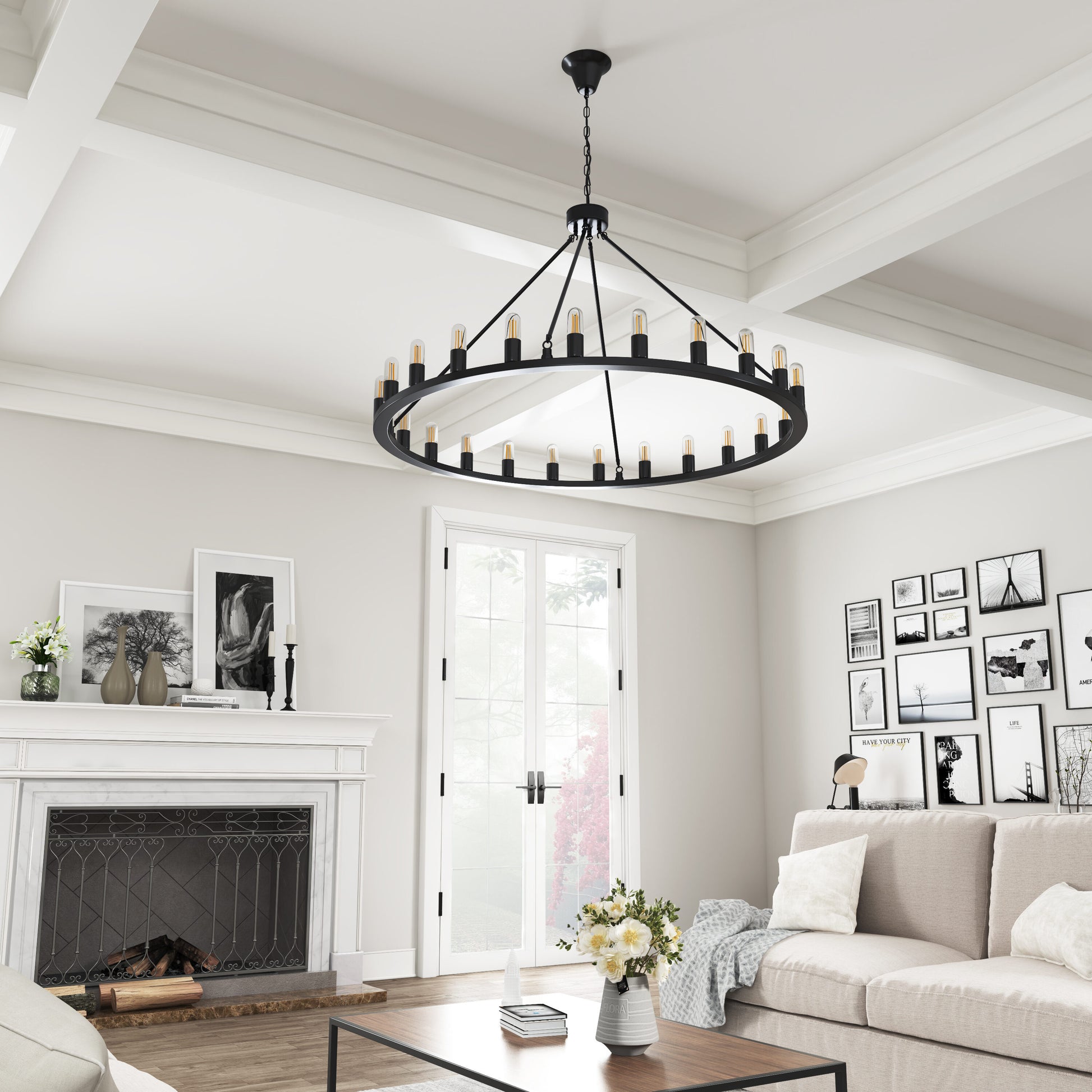 Aiwen Wagon wheel 24 -Light Matte Black Industrial For Use in Bedrooms, Dining Rooms, Foyers, Living Rooms Chandelier