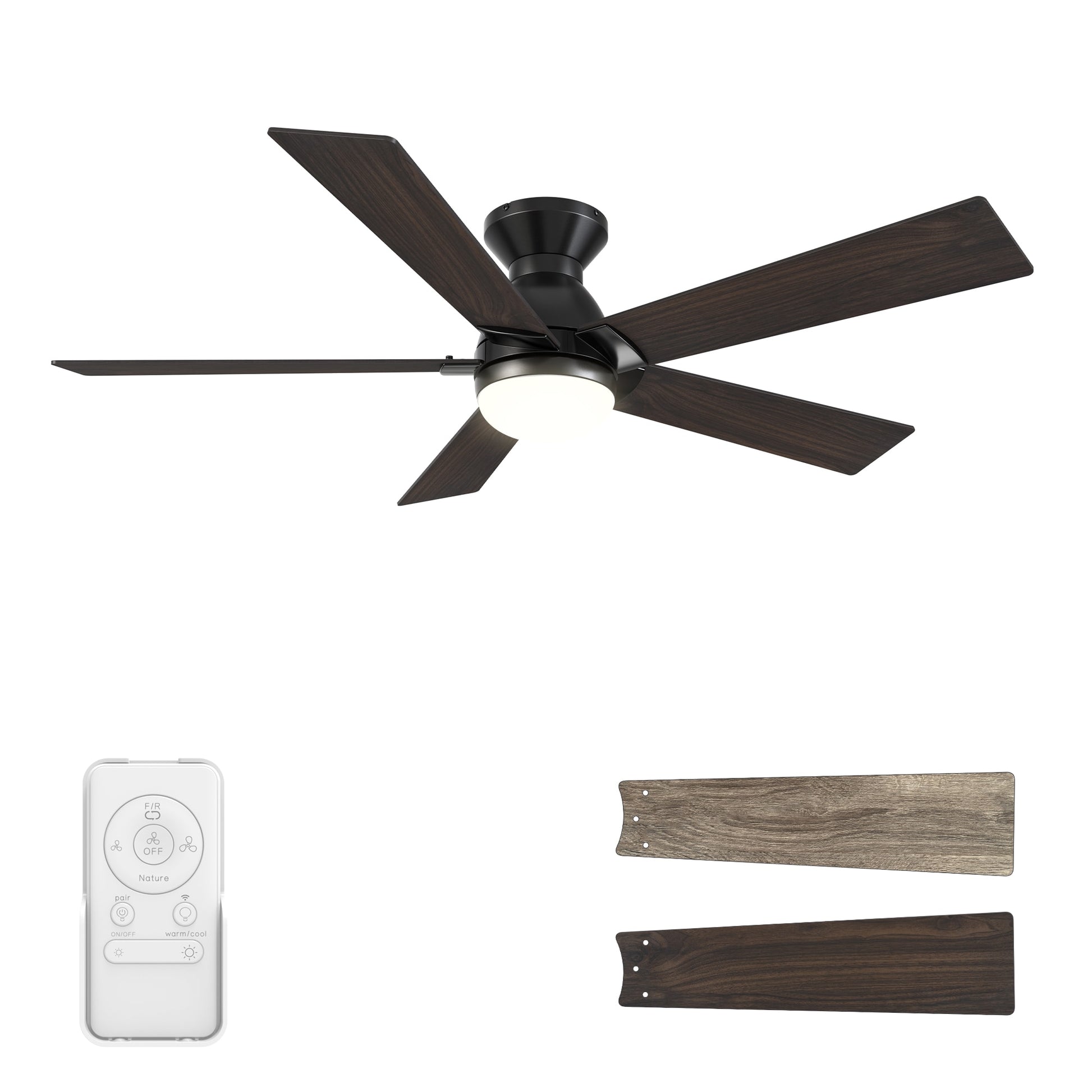 CARRO USA Aspen 52-in Black with Wooden/Walnut Blades Indoor/Outdoor Flush Mount Smart Ceiling Fan with Light and Remote (5-Blade) LS525J1-L21-BG-1-FM