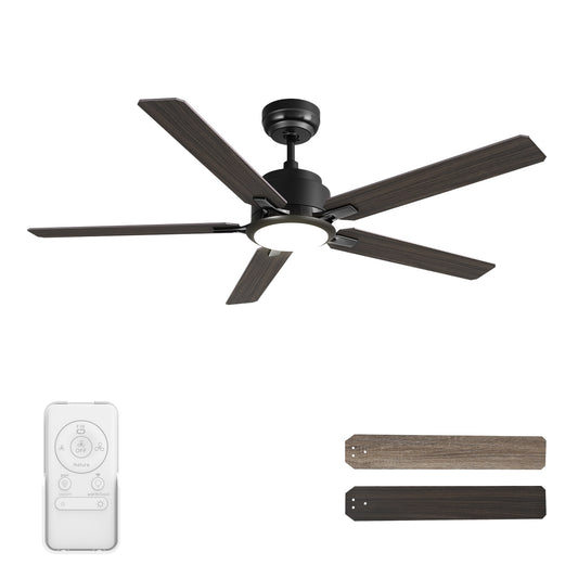 CARRO USA Essex 52-in Black with Wooden/Walnut Blades Indoor/Outdoor Smart Ceiling Fan with Light and Remote (5-Blade) LS525J-L12-BG-1