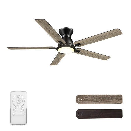 CARRO USA Essex 52-in Black with Wooden/Walnut Blades Indoor/Outdoor Flush Mount Smart Ceiling Fan with Light and Remote (5-Blade) LS525J-L12-BG-1-FM