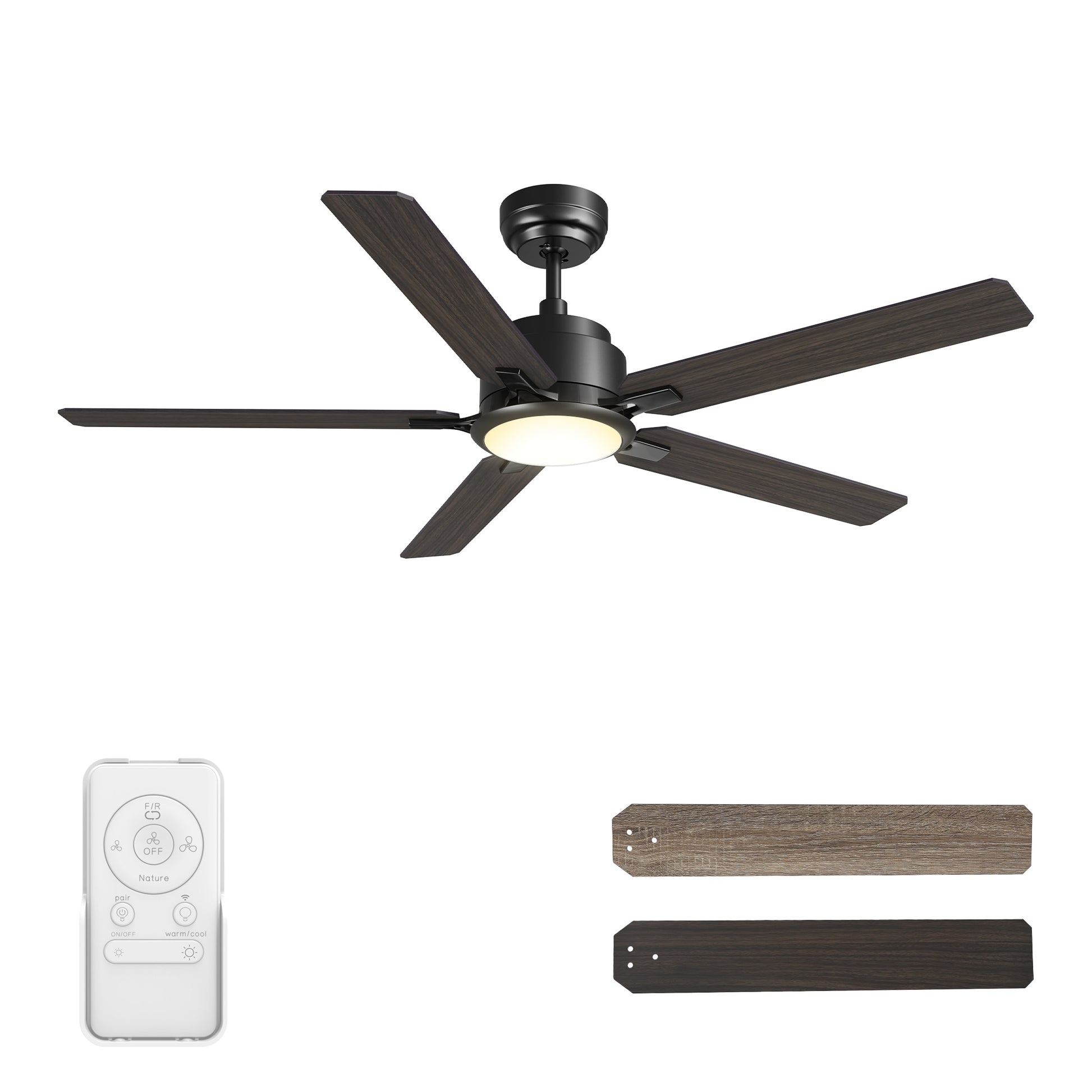 CARRO USA Essex 60-in Black with Wooden/Walnut Blades Indoor/Outdoor Smart Ceiling Fan with Light and Remote (5-Blade) LS605J-L12-BG-1