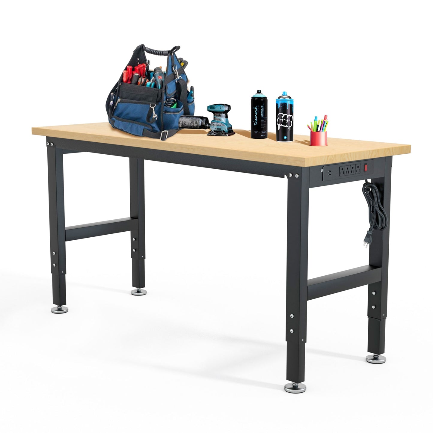 Wrightmaster 60-in L x 31.1-in H Wood and Black Wood Adjustable Height Portable Work Bench Top BLDJ017