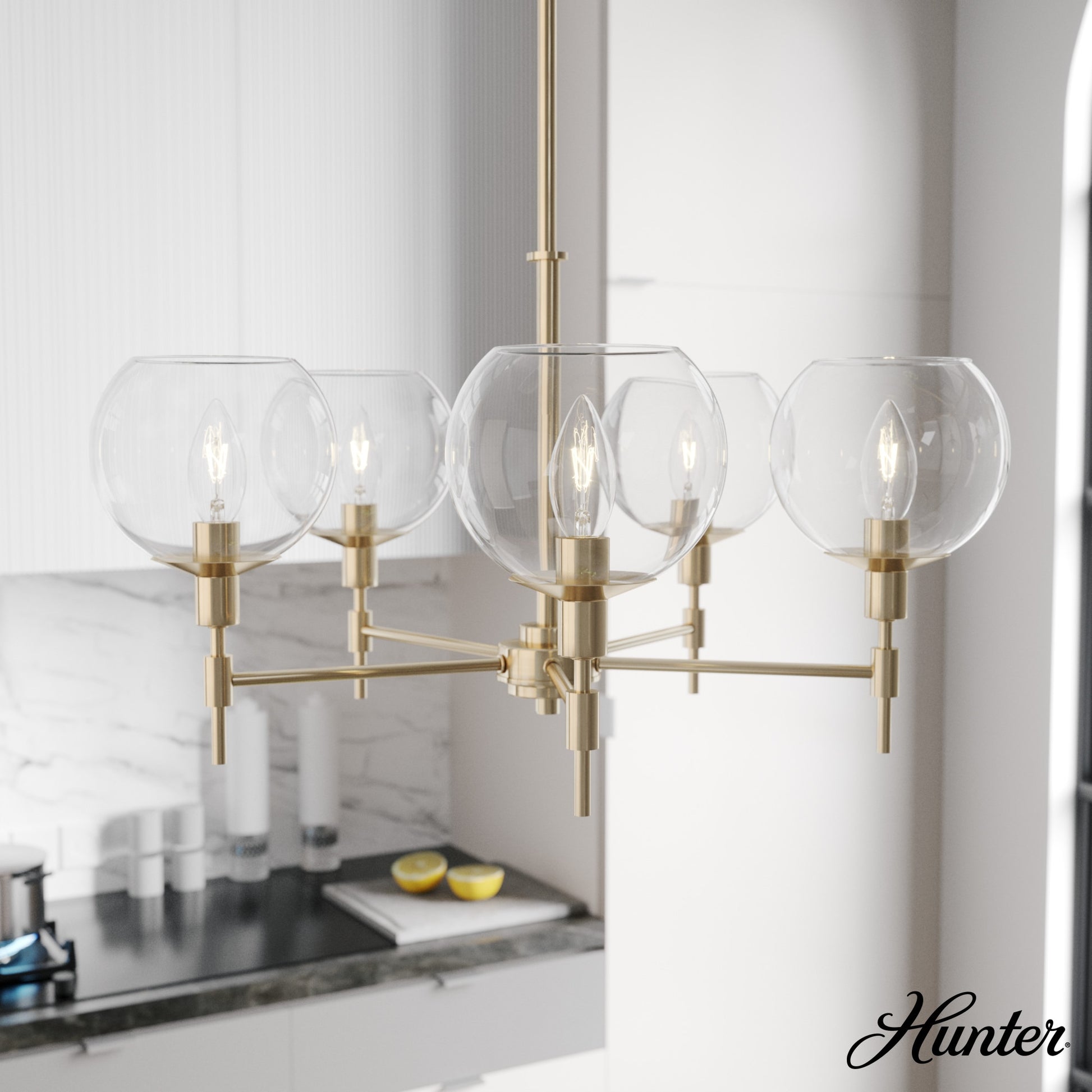 Hunter Xidane 5 -Light Satin Gold Mid-century Crystal For Use in Bedrooms, Dining Rooms, Foyers, Kitchens, Living Rooms Chandelier