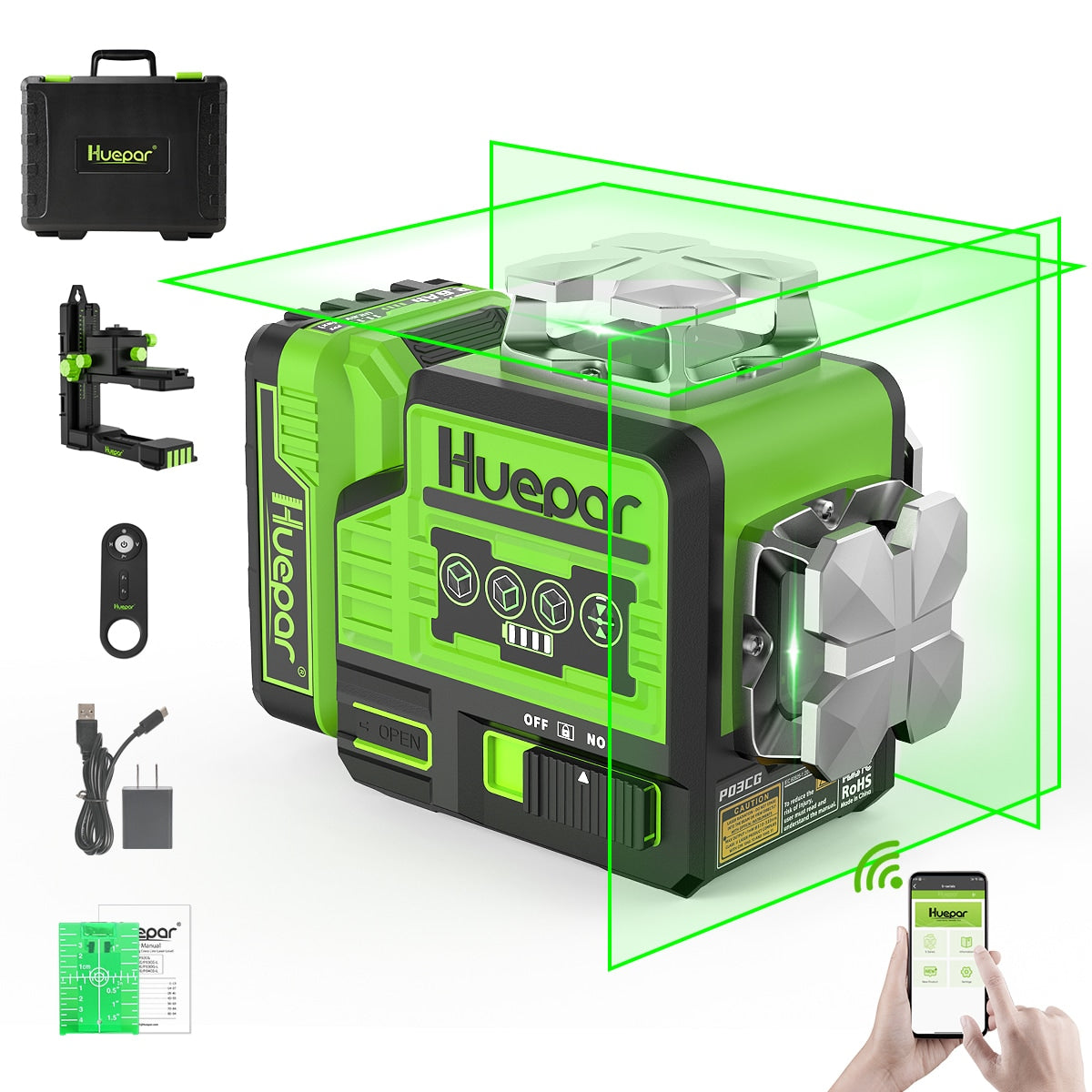 Huepar 200-ft Green Self-Leveling Cross-line Laser Level P03CG