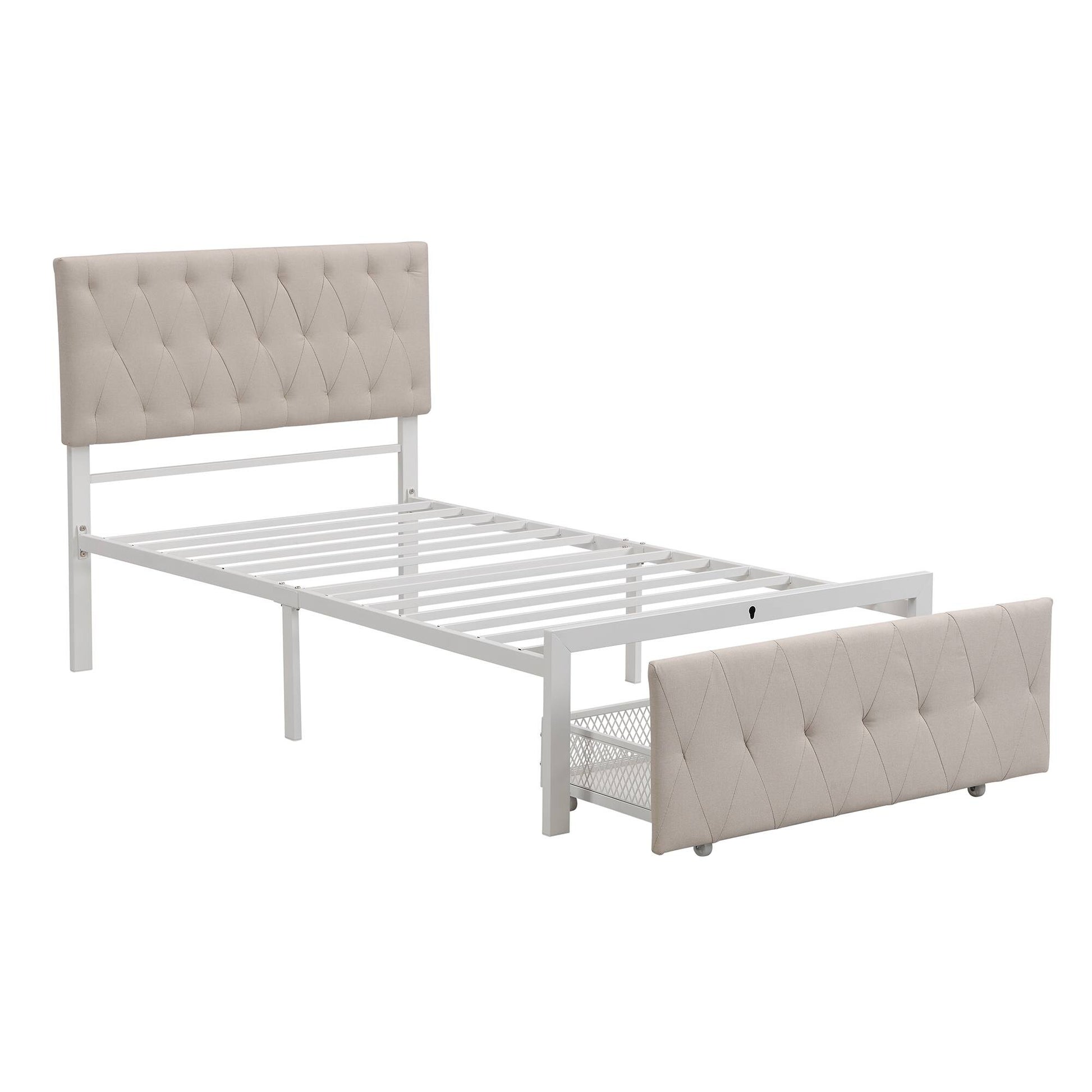 Yiekholo Beige Twin Metal Upholstered Bed with Storage