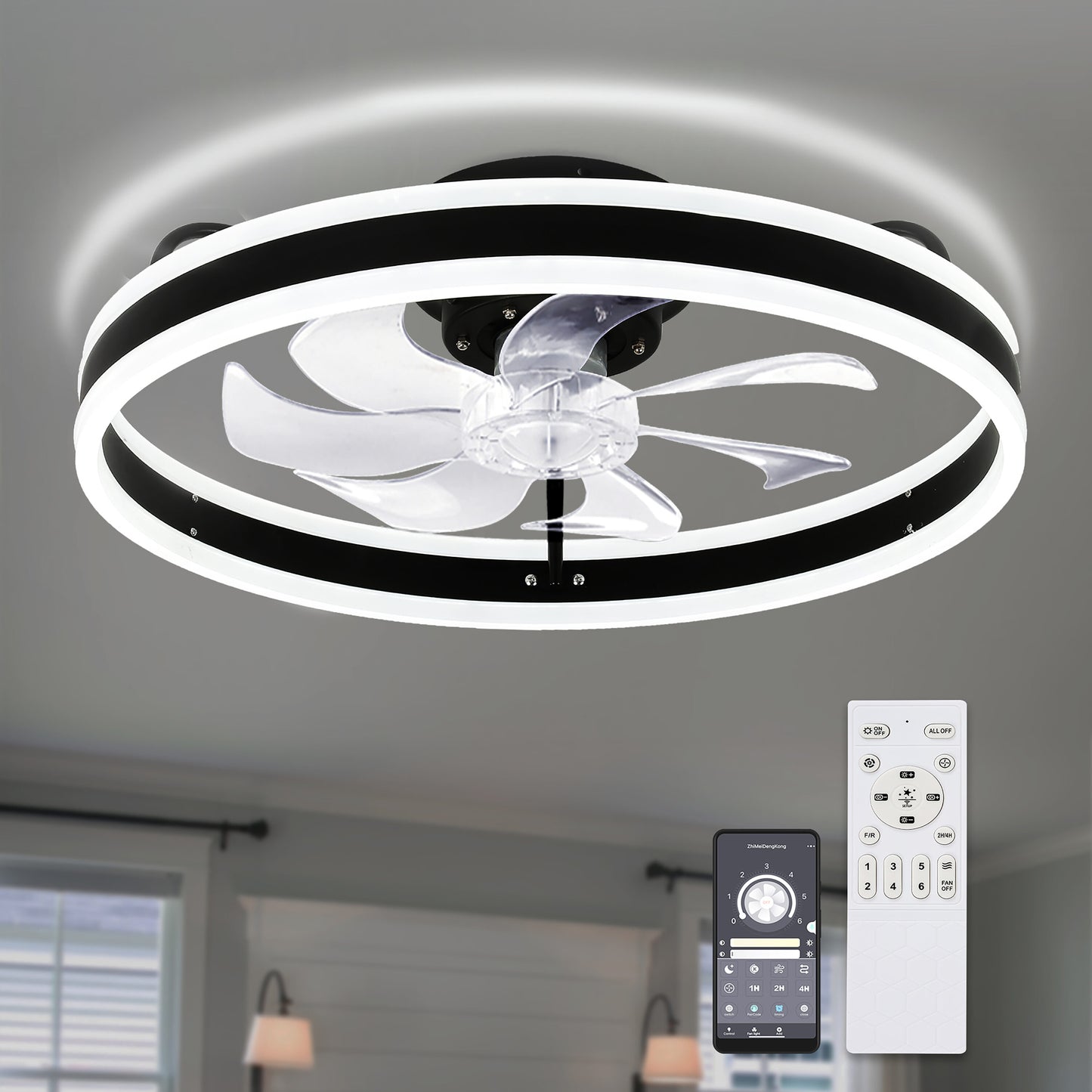 Cusp Barn DC2002 20-in Black Color-changing Indoor Flush Mount Smart Ceiling Fan with Light and Remote (7-Blade) DC2002