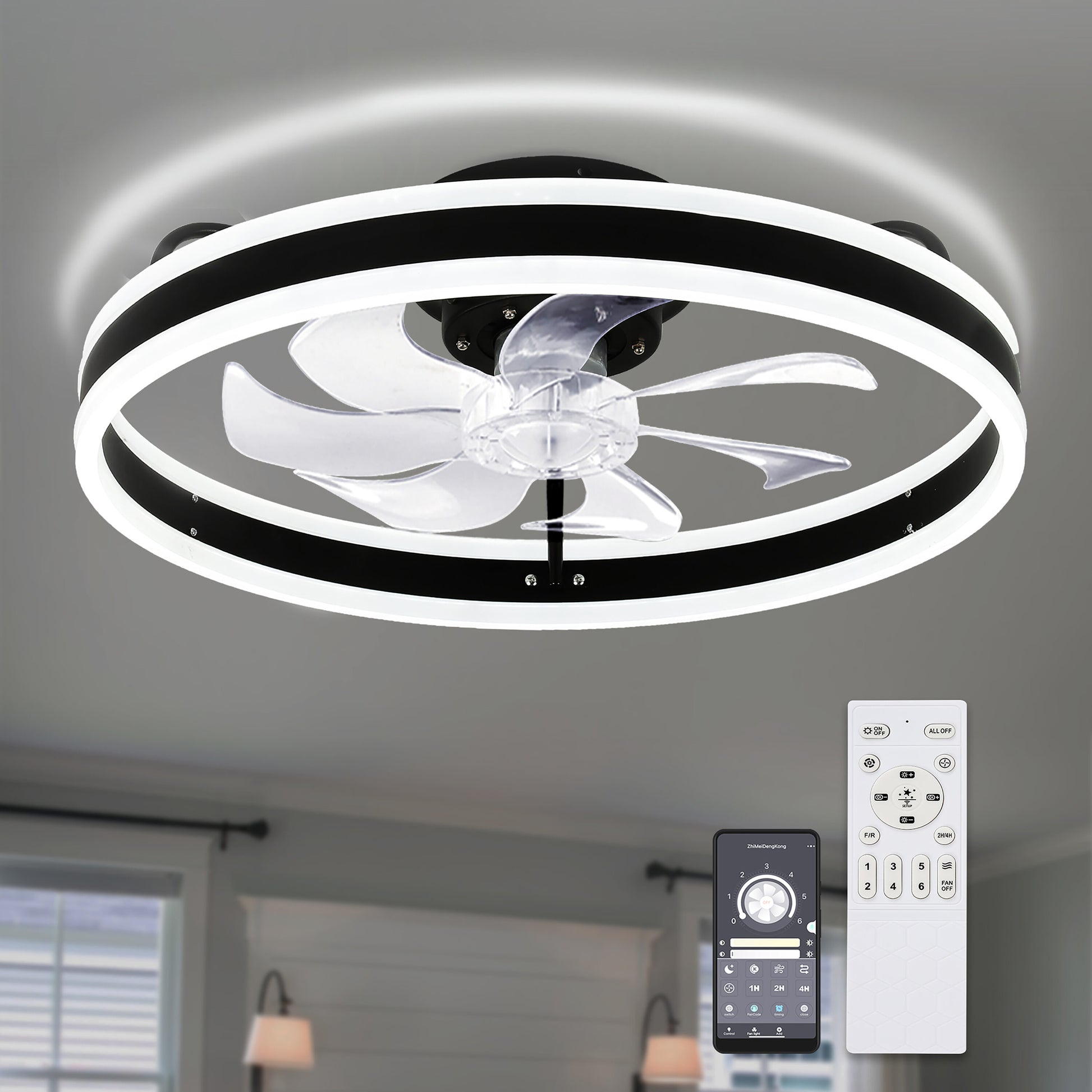 Cusp Barn DC2002 20-in Black Color-changing Indoor Flush Mount Smart Ceiling Fan with Light and Remote (7-Blade) DC2002