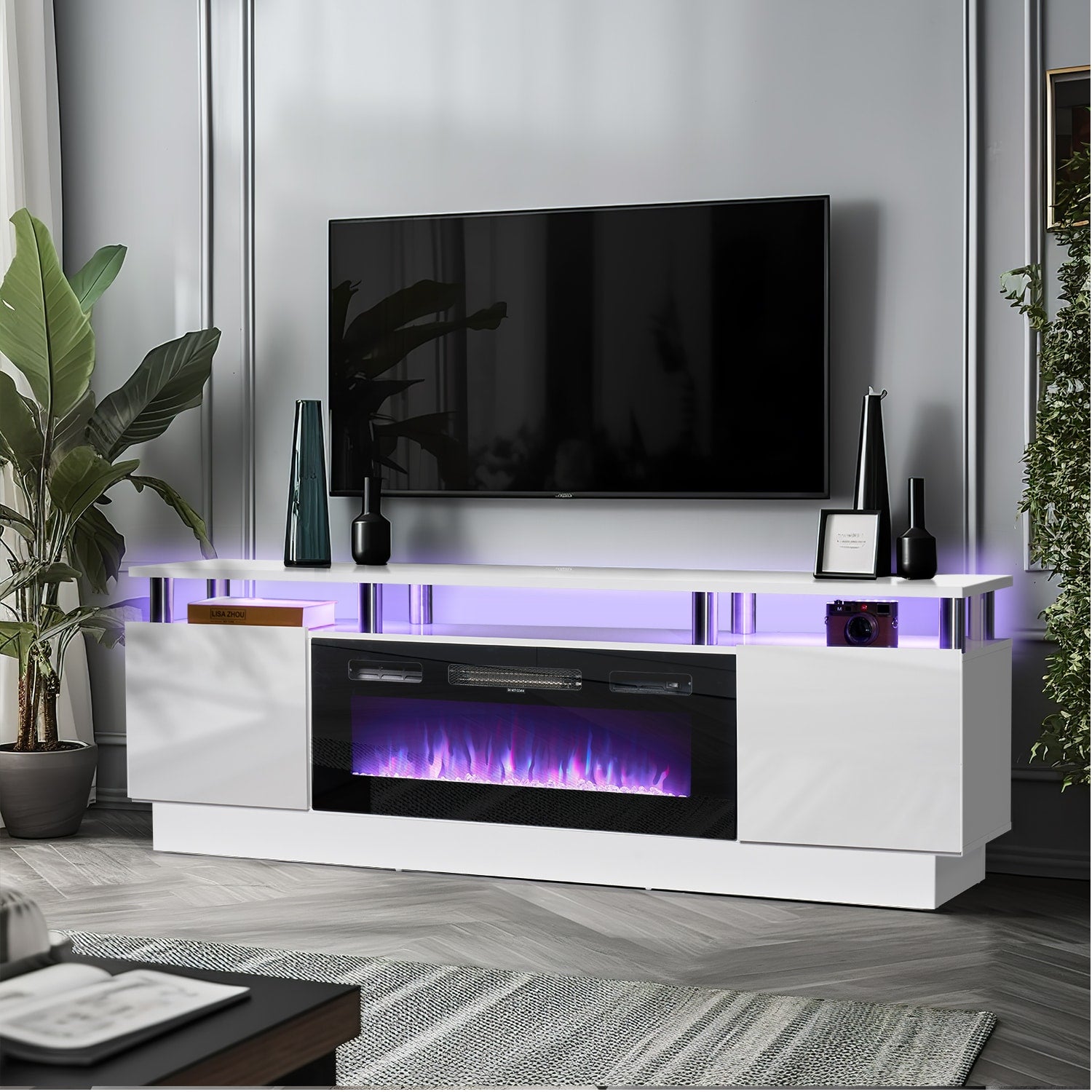 AOXUN 70-in W White TV Stand with LED Electric Fireplace H21014WH+H20020
