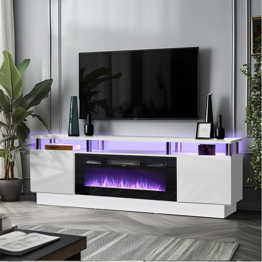 AOXUN 70-in W White TV Stand with LED Electric Fireplace H21014WH+H20020