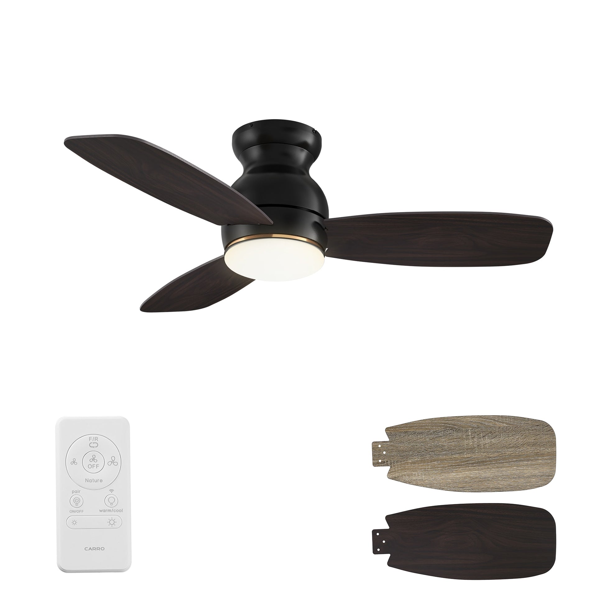 CARRO USA Trendsetter 44-in Black with Wooden/Walnut Blades Indoor/Outdoor Flush Mount Smart Ceiling Fan with Light and Remote (3-Blade) LS443Q-L12-BG-1