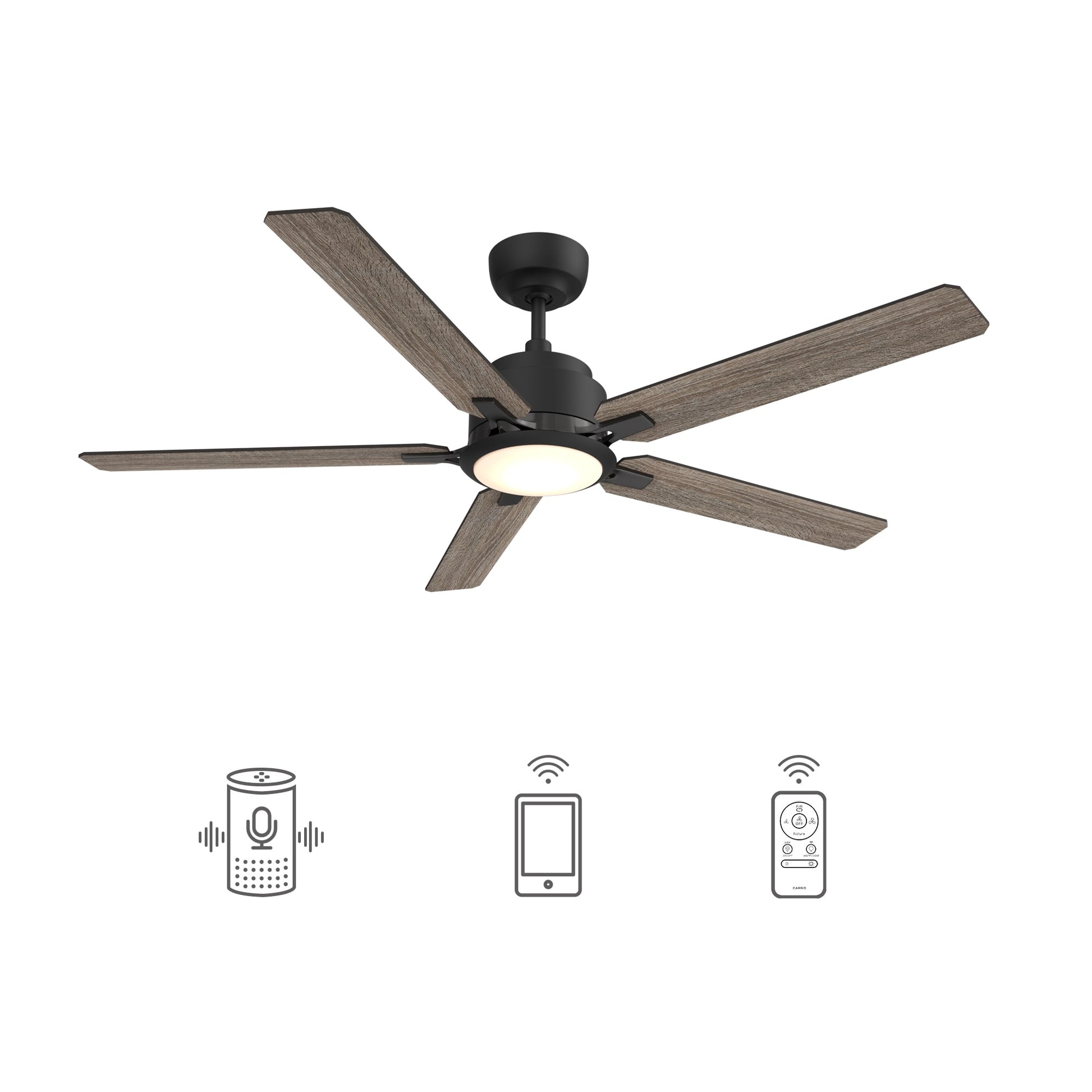 CARRO USA Essex 56-in Black with Gray Oak Blades Indoor/Outdoor Smart Ceiling Fan with Light and Remote (5-Blade) LS565J-L12-BO-1
