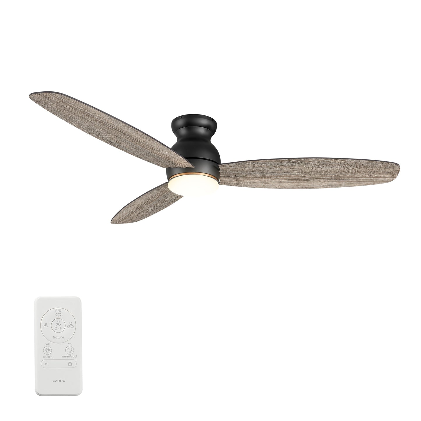 CARRO USA Trendsetter 60-in Black with Gray Oak Blades Indoor/Outdoor Flush Mount Smart Ceiling Fan with Light and Remote (3-Blade) LS603Q-L12-BO-1