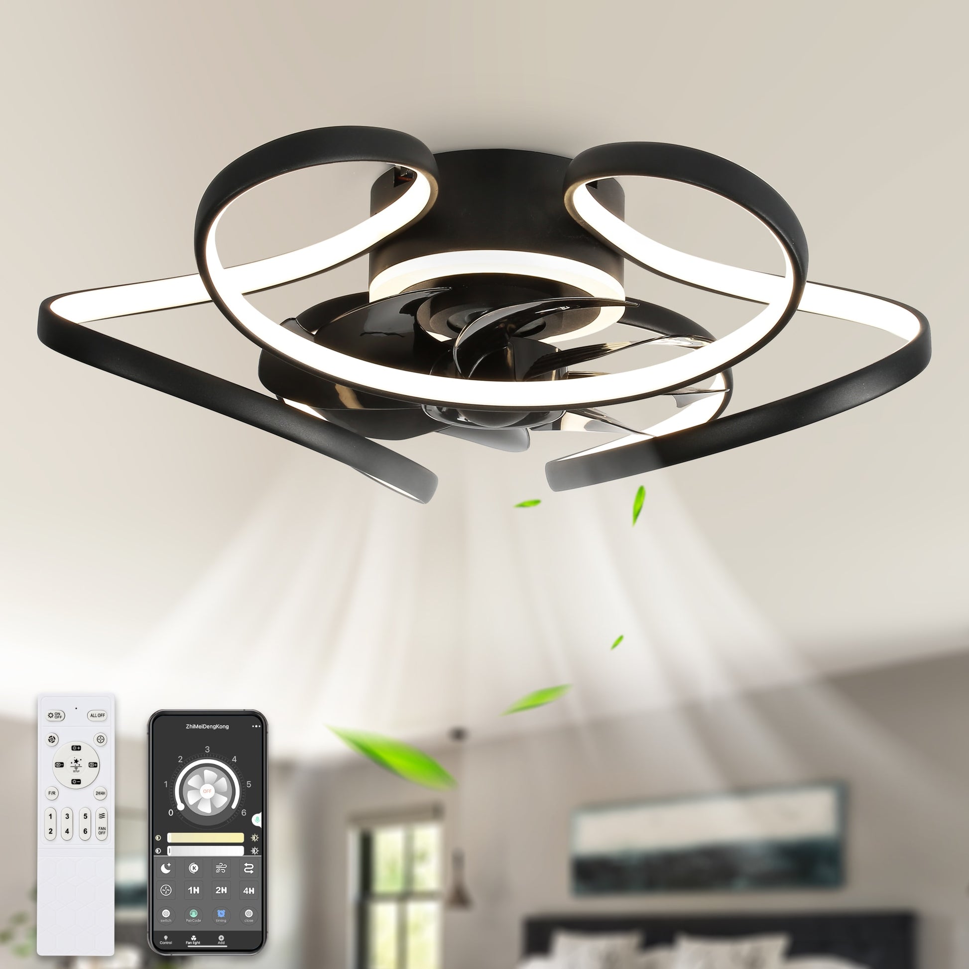 Bella Depot Low Profile Fans 22-in Black with Clear Blades Color-changing Integrated LED Indoor Flush Mount Smart Fandelier Ceiling Fan with Light and Remote (8-Blade) DC2203