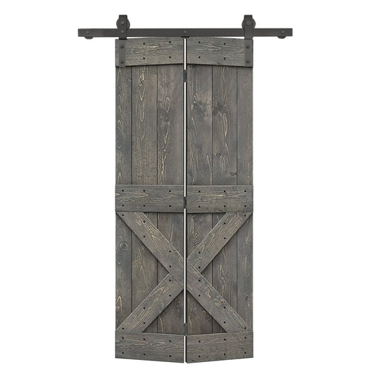CALHOME 28-in x 84-in Weather Gray X-frame Pine Wood Solid core Single bifold Barn Door (Hardware Included)