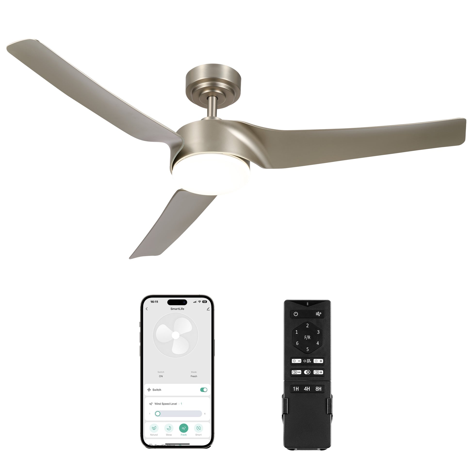 CO-Z 52-in Nickel with Brushed Blades Integrated LED Indoor Smart Propeller Ceiling Fan with Light and Remote (3-Blade) CFN-1304-NI