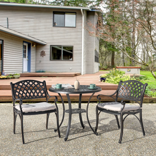 Nuu Garden 3 -Piece Black with gold Bistro Patio Dining Set Aluminum Round Table with 2 Off-white Cushions Stationary Chairs