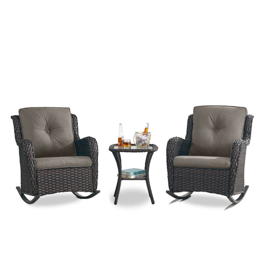 Rilyson Curved handrail Set of 2 Wicker Brown Wicker Frame Rocking Chair with Gray Gray Cushioned Seat