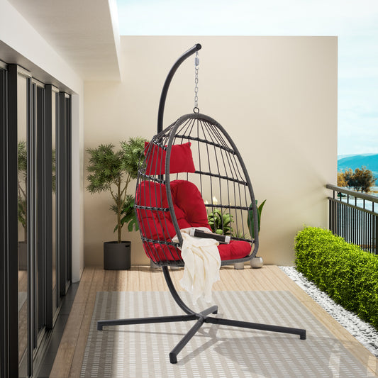 CESICIA PatioÂ Chairs Rattan Red Rattan Frame Hanging Egg Chair with Red Cushioned Seat