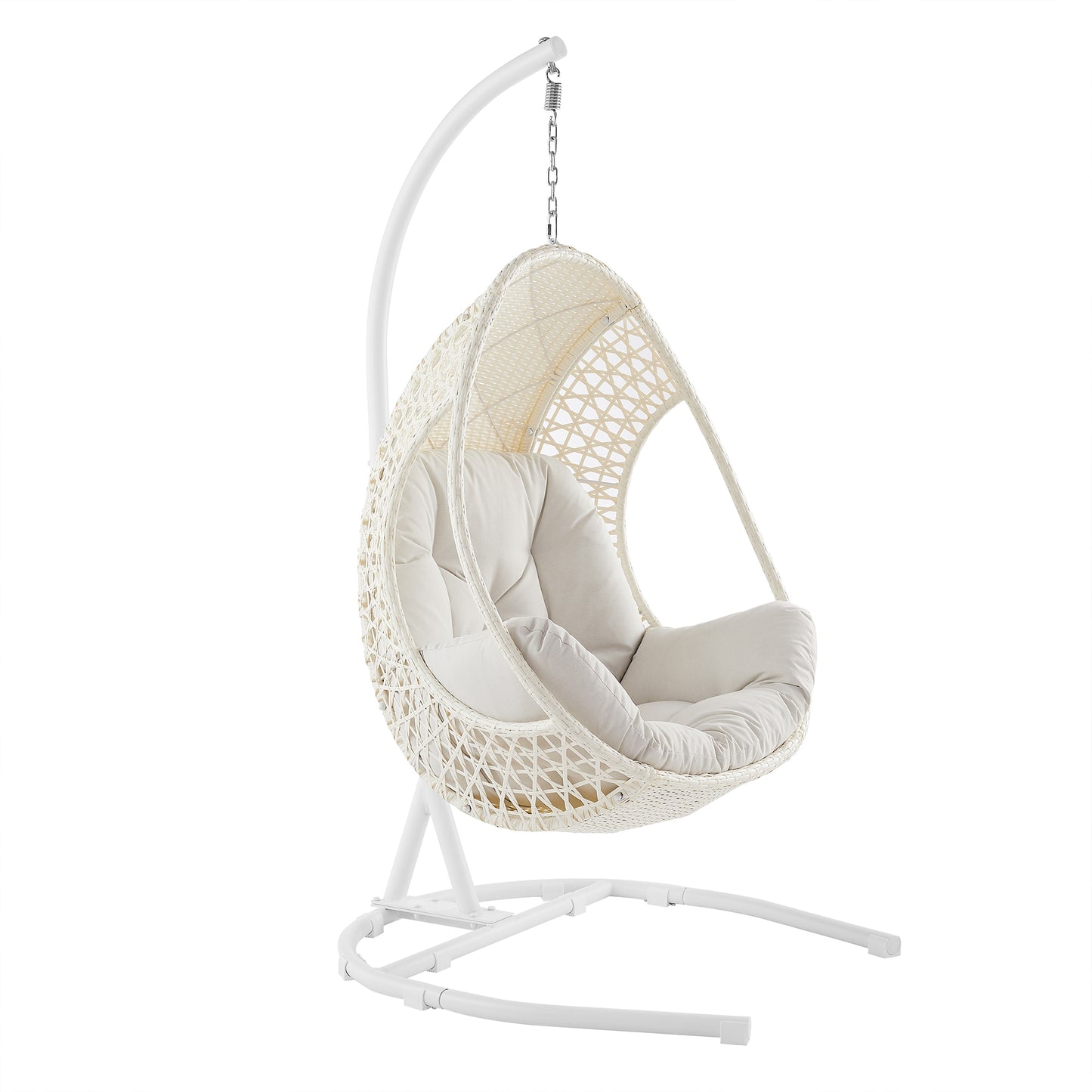 PEAK HOME FURNISHINGS Hanging Egg Chair Wicker White Steel Frame Hanging Egg Chair with White Cushioned Seat