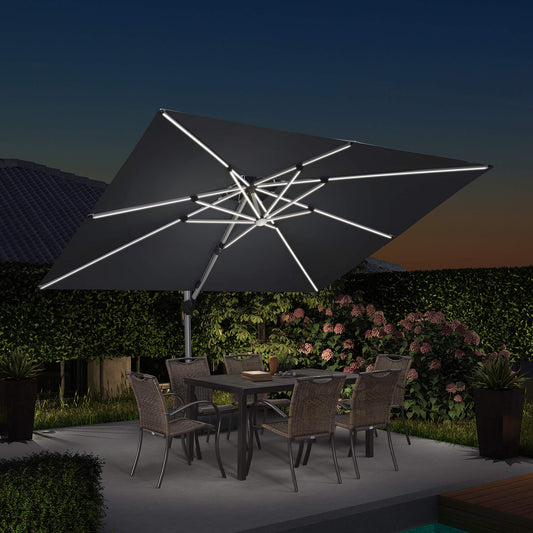 PURPLE LEAF 9-ft Aluminum Gray Crank Cantilever Patio Umbrella with Lights and