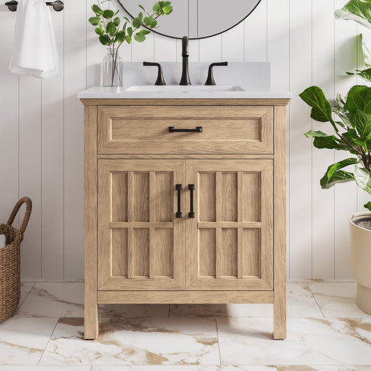 allen + roth Cantrell 30-in Clear Oak Undermount Single Sink Bathroom Vanity with White Engineered Stone Top