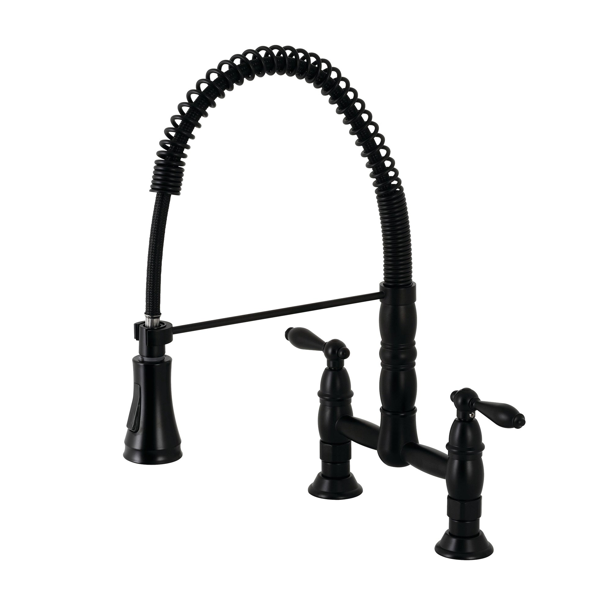 Kingston Brass Heritage Matte black Double Handle Deck-mount Bridge Kitchen Faucet with Sprayer