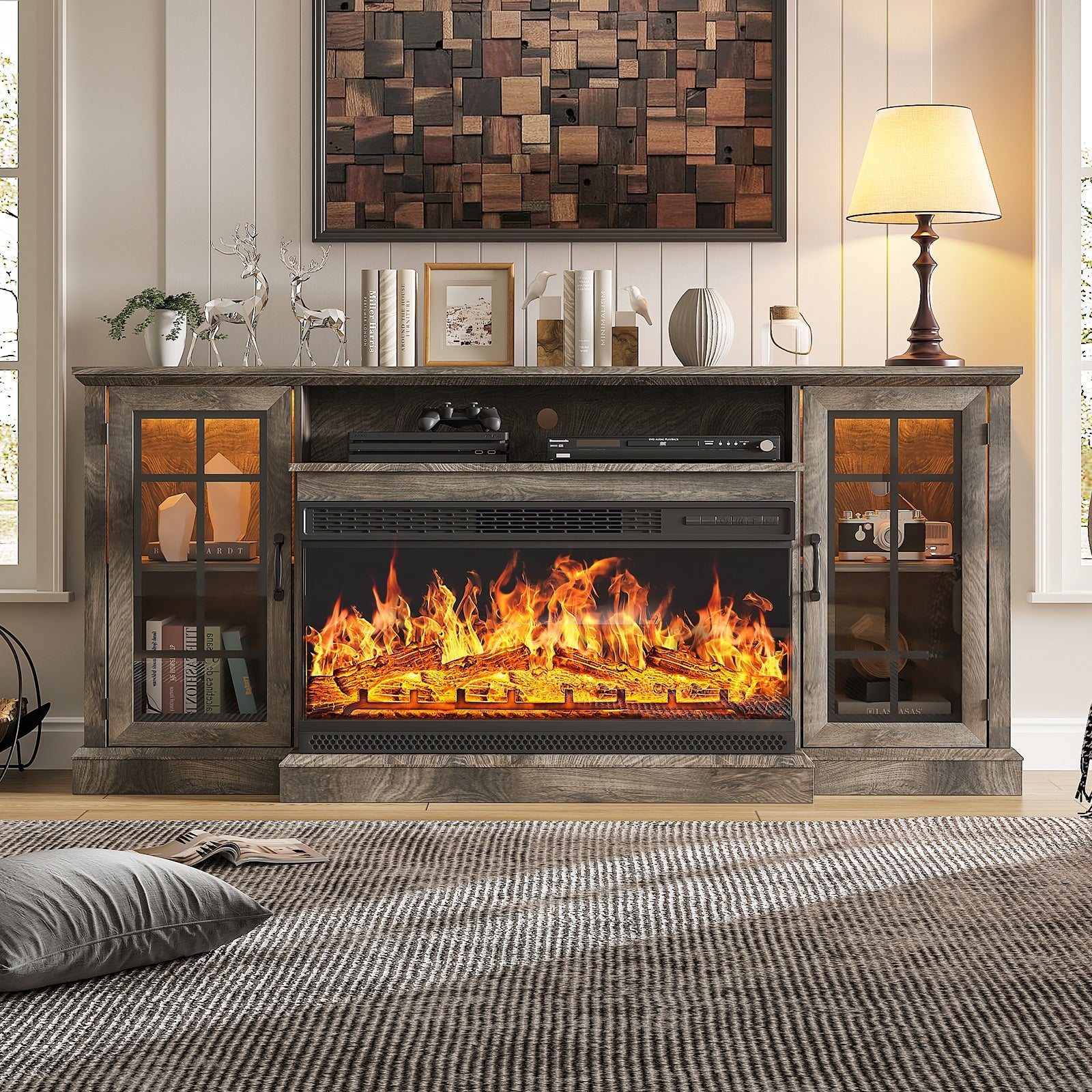 AOXUN 70-in W Gray TV Stand with LED Electric Fireplace H21033GR+H20023