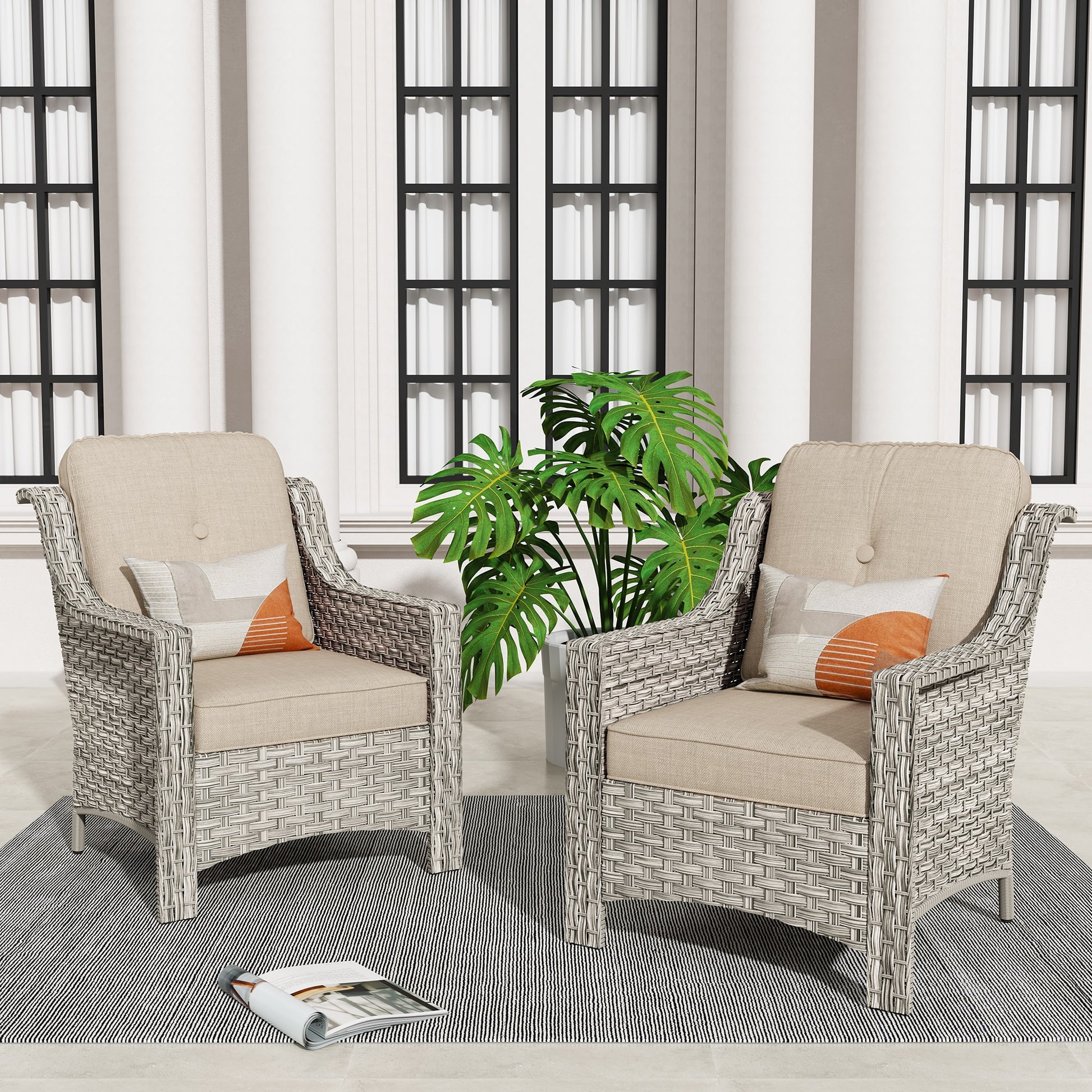 XIZZI Pyrophyllite Set of 2 Wicker Beige Frame With Beige Cushions Metal Frame Stationary Conversation Chair with Off-white Cushioned Seat