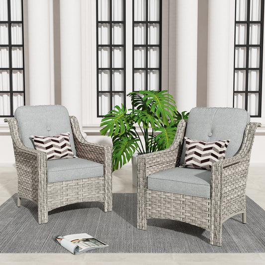 XIZZI Pyrophyllite Set of 2 Wicker Beige Frame With Dark Gray Cushions Metal Frame Stationary Conversation Chair with Gray Cushioned Seat