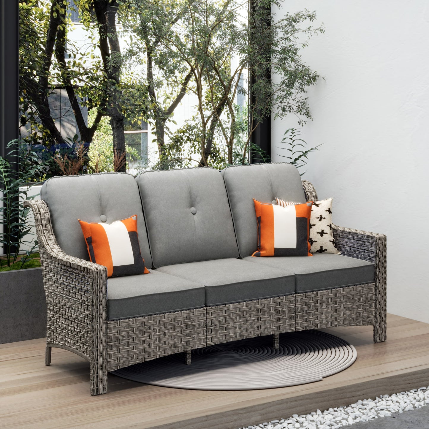 Ovios Wicker Outdoor Sofa with Dark gray Cushions and Iron Frame