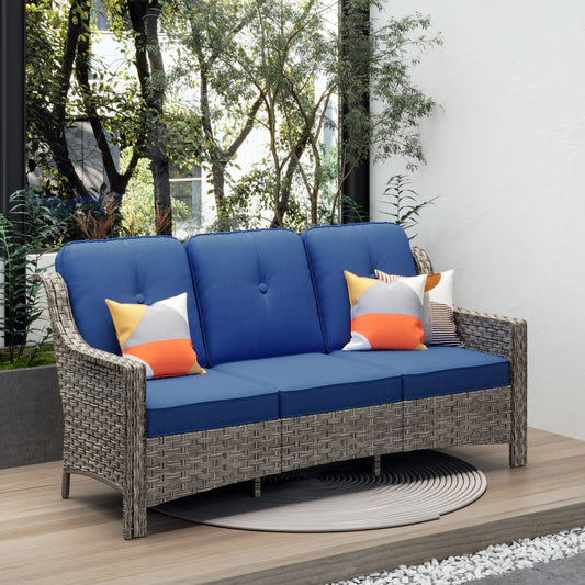 Ovios Rattan Outdoor Sofa with Navy Cushions and Mahogany Frame