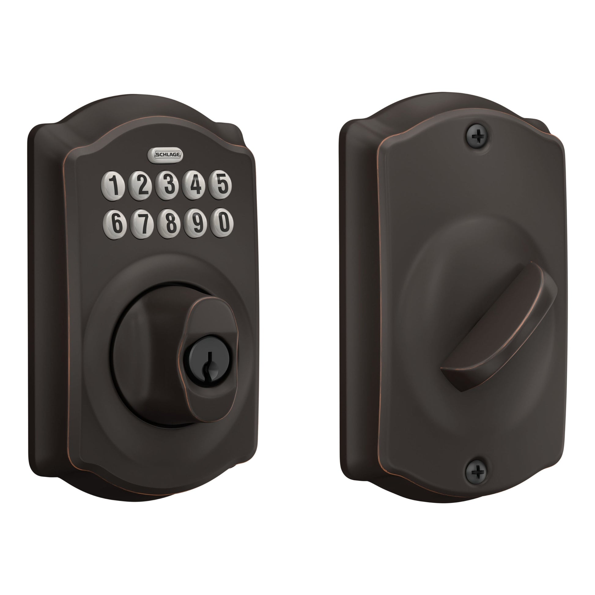 Schlage Camelot Aged Bronze Electronic Deadbolt with Keypad BE365 V CAM 716