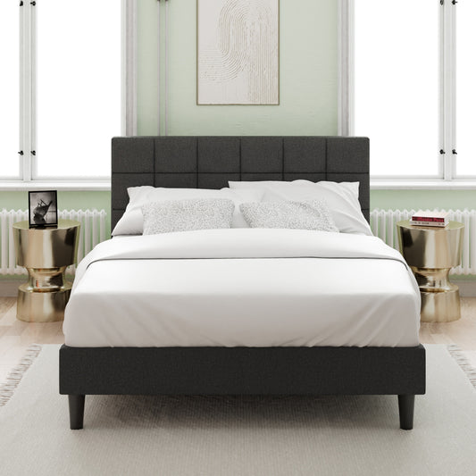 Zinus Queen Dark Gray Metal Upholstered Bed with Headboard